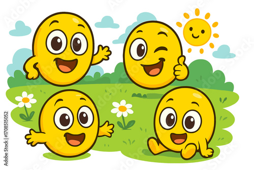 Set of cute yellow emoji characters with happy expressions on a summer meadow. Cheerful emoticons waving and winking. Funny smiley faces on a sunny day. Vector cartoon concept.