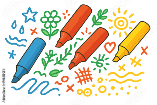 Colorful markers and felt tip pens with creative hand drawn doodles. Art supplies for drawing with symbols like sun, flower, star, and heart. Vector cartoon set for school.