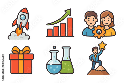 Business success icon set for startup and growth. Vector concepts for financial charts, teamwork collaboration, reaching goals, research, innovation, and customer rewards.