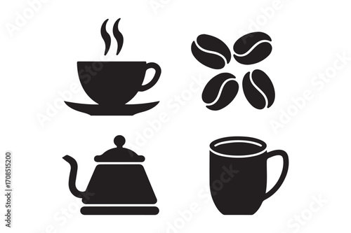 Coffee icons cup beans kettle and mug