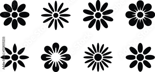 Set of eight abstract floral icons in black on a white background