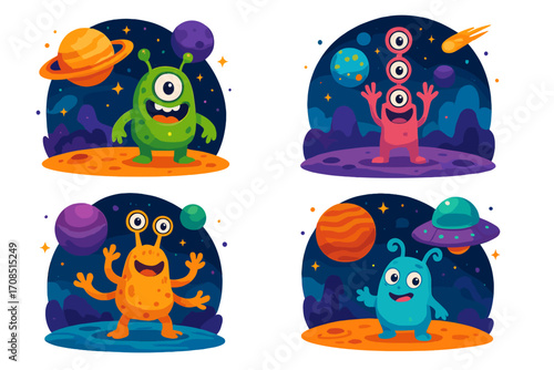 Cute cartoon alien monster character set. Vector illustration collection of funny extraterrestrial creatures in space on cosmic planets. Galaxy mascot graphics for kids design.