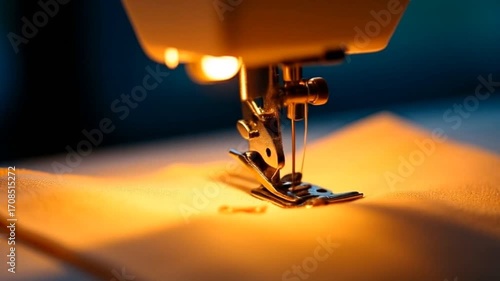 A close-up, slow-motion shot of a sewing machine needle moving up and down, stitching a piece of fabric. 