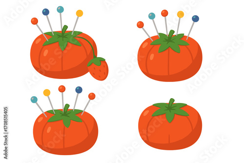 Tomato pincushion with colorful pins set. Sewing and needlework craft tool. Vector illustration for tailor, seamstress, and dressmaking hobby. Handmade haberdashery supply.