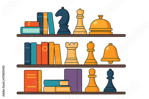Books and chess on shelves as a metaphor for knowledge, learning, and strategy. Vector flat illustration of a library or study interior with a service bell.