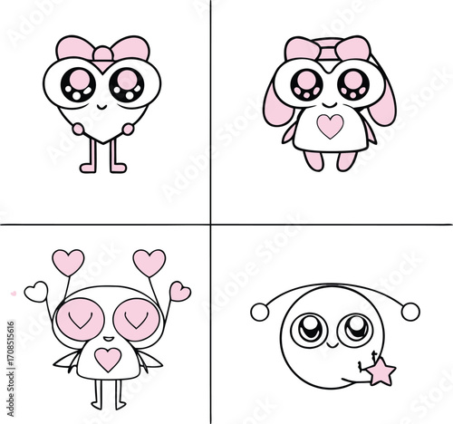 Cute Kawaii Characters with Hearts and Stars cartoon