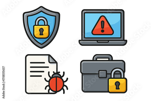 Cyber security icon set for business solutions. Vector cartoon illustration. Includes shield protection, virus alert, software bug, secure data briefcase. Network protection.