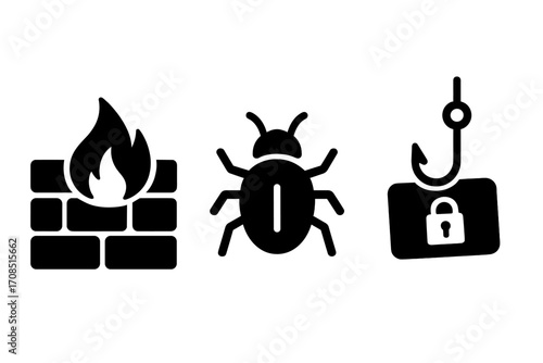 Cybersecurity icon set with firewall, bug, and phishing symbols. Vector glyph icons for internet security, virus attack, data protection, malware, and online fraud concepts.