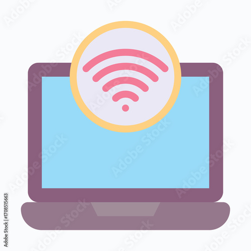 Wi-Fi Signal on Laptop Screen Isolated Vector Flat Style Icon,