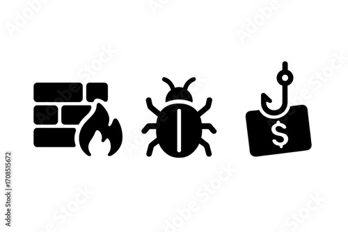 Cybersecurity icon set with firewall, computer bug, and phishing concepts. Vector symbols for network protection, virus detection, malware, and financial fraud by hackers.