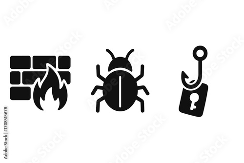 Cybersecurity icon set with firewall, bug, phishing symbols. Vector glyphs for data protection, internet security, virus attack, malware, and online hacking concepts.