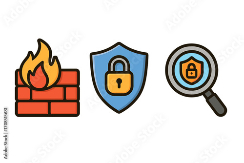 Cybersecurity vector icon set with firewall, secure VPN, privacy shield & threat search symbol. Digital protection, network safety, data defense, and antivirus scan concept.