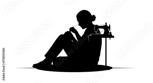 Silhouette of a focused woman sewing with a vintage machine, capturing timeless craftsmanship and dedication