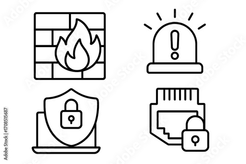 Cybersecurity line icon set vector. Firewall, intrusion alarm, vpn and secure port symbols. Concept of network safety, data protection, privacy, antivirus and web security.