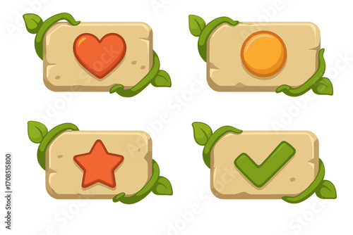 Cartoon game UI buttons on stone with jungle vines. Vector asset kit for fantasy games includes life heart, score coin, favorite star, and confirm checkmark icons.