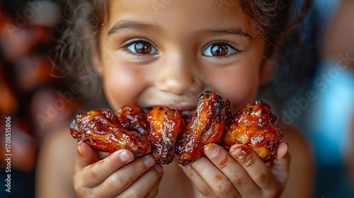 A child gleefully enjoys a delicious meal of savory, glazed chicken wings