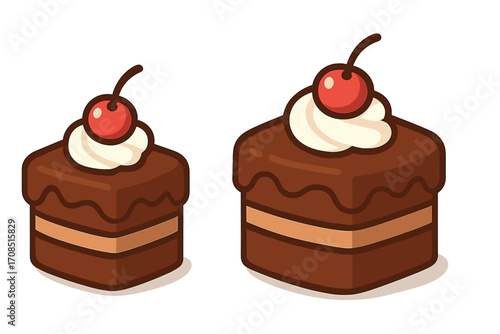 Two chocolate cakes with cherry and cream vector icon set. Flat cartoon illustration of delicious pastry dessert. Sweet food, bakery, patisserie, or confectionery symbol.