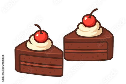 Two slices of delicious chocolate cake with whipped cream and cherry on top. Vector flat cartoon illustration of a sweet dessert pastry. Isolated food icon for bakery or menu.