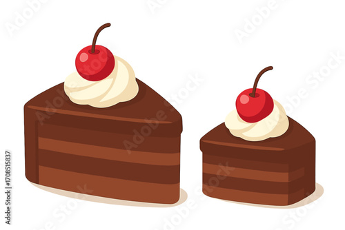 Two slices of chocolate layer cake with whipped cream and cherry. Vector flat illustration for bakery or patisserie menu. Sweet dessert, pastry, cartoon icon for food design.