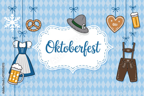 Oktoberfest celebration, traditional Bavarian clothing, beer mug, pretzel, gingerbread heart, alpine hat, festival background, German culture, party decorations