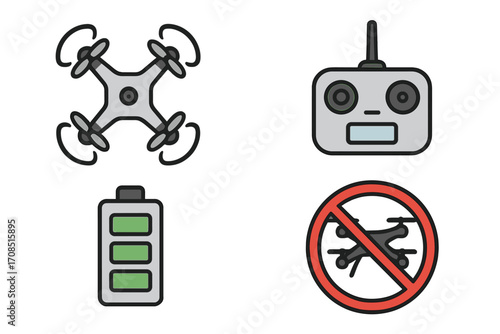 Drone icon set with quadcopter, remote controller, battery indicator, and no-fly zone symbol. Vector cartoon illustration for aerial photography and unmanned flight regulations.