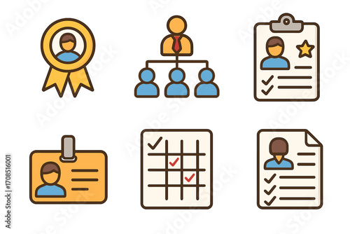Business icons set for human resources management. Includes leader badge, organization chart, performance review, skill matrix, employee ID card, and HR policy document. Vector.