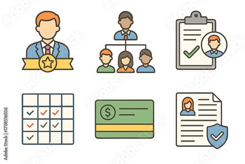 Business icons set for human resources management. Vector concepts of leader badge, organization chart, performance review, skill matrix, payroll, and corporate HR policy.