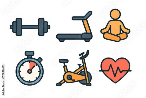 Flat fitness icons set for gym and workout. Vector sport symbols for exercise and health. Dumbbell, treadmill, yoga, timer, bike, heart rate monitor. Healthy lifestyle.