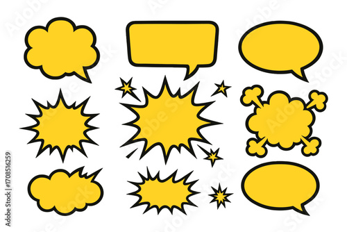 Set of yellow comic speech bubbles, explosion shapes, and pop art elements. Vector cartoon graphic collection for communication, messages, exclamations, bang, pow, and boom sounds.