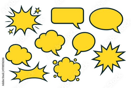Set of yellow comic speech bubbles. Pop art style message clouds. Cartoon dialogue talk shapes and explosion burst effects for surprise or pow expression. Vector graphic element.