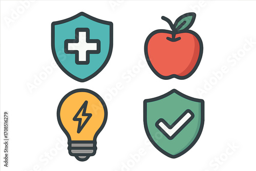 Health insurance and wellness concept icon set. Medical protection shield with plus and checkmark. Healthy food apple symbol. Energy idea light bulb. Flat vector illustration.