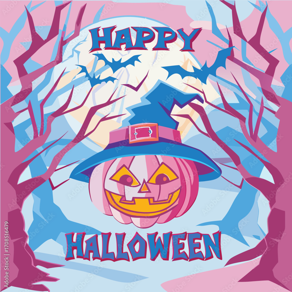Obraz premium Spooky Halloween pumpkin with bats and trees in pink and blue