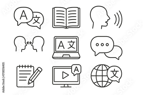 Language and communication line icon set. Vector icons for translation, learning, dictionary, global communication. Speaking, reading, writing, and e-learning symbols.