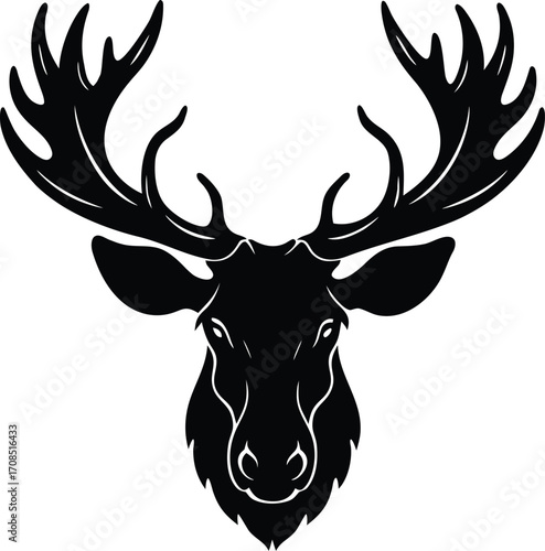 black silhouette of majestic deer head with large antlers and detailed face