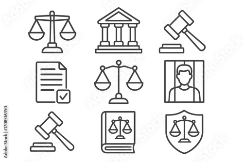 Legal icons set in thin line style. Law and justice symbols. Courthouse, gavel, scales, prisoner vector signs. Court, crime, and punishment outline pictogram collection.