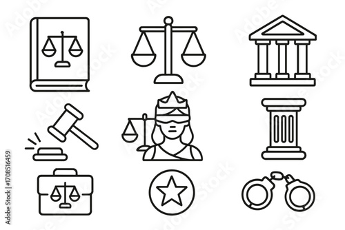 Legal icons set law justice. Court symbols in linear style. Gavel, scales of justice, Lady Justice, courthouse, handcuffs. Law book, police badge. Vector for judiciary.