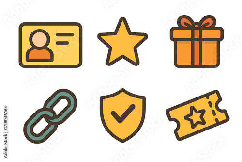 Loyalty program icon set for customer rewards and benefits. Vector symbols for marketing, promotion, and membership. Includes star, gift, ID card, security shield, and ticket.
