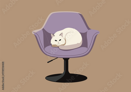 A serene white cat is curled up comfortably on a stylish purple chair, its soft fur contrasting with the chairs smooth surface, creating a cozy and inviting scene of relaxation and peace