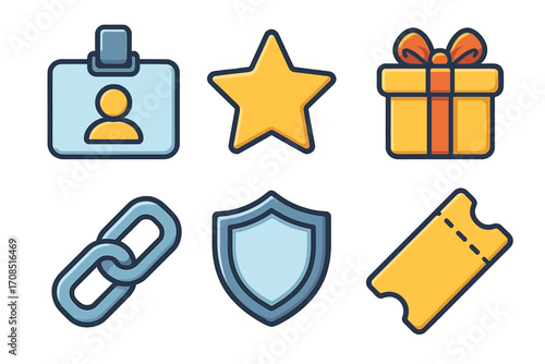 Loyalty program vector icon set for customer rewards. Includes membership ID, star for bonus points, gift for prizes, link for affiliation, shield for security, and ticket coupon.