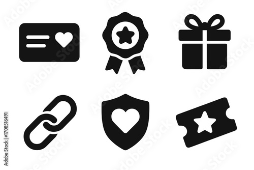 Loyalty program icon set. Customer reward and bonus symbols. Includes gift card, badge, present, link, security shield, and ticket. Vector silhouette for member benefits.