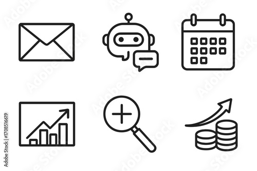 Minimalist business icons set with email, chatbot, calendar, analytics, testing, and ROI increase symbols, vector cartoon illustration, transparent background, ordered collection