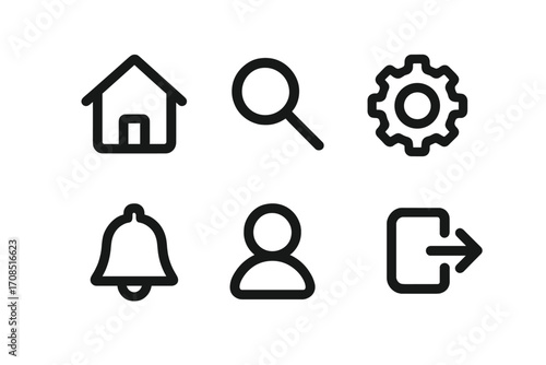 Minimalist black vector icons set including home, search, settings, notifications, profile, logout symbols, simple UI navigation elements, digital interface design, line art, modern web symbols