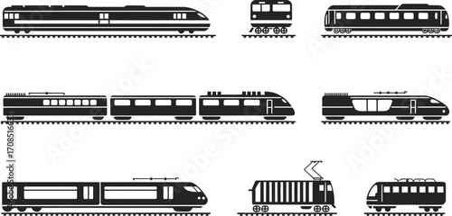 Collection of diverse train illustrations on tracks, showcasing various modern and classic designs for transportation concepts.