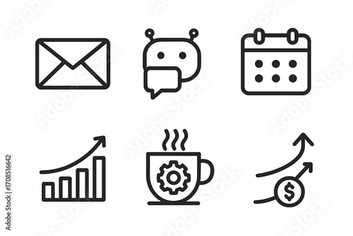 Minimalist business icons set with email, chatbot, calendar, analytics, testing, ROI concepts. Vector cartoon illustration with transparent background. Ordered simple icons for commercial use