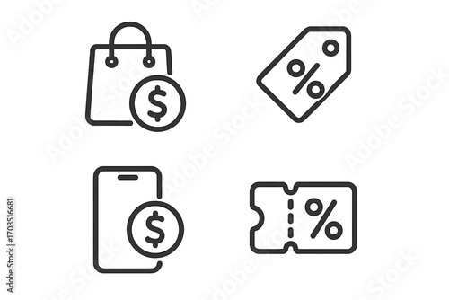 Minimalist cashback and discount icons for e-commerce platforms, vector set with price tag, mobile payment, shopping bag, percentage coupons, transparent background design