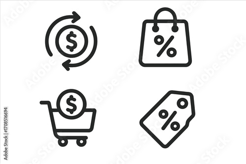 Minimalist e-commerce cashback and discount icons set, shopping cart with dollar sign, price tag and sale percentage symbols, vector outline illustration for online shopping and retail