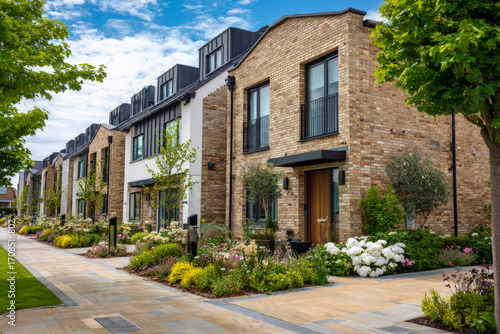 Real estate development in the UK with modern family homes, landscaped greenery, and tidy suburban streets. Great for property listings, housing campaigns, and lifestyle visuals.