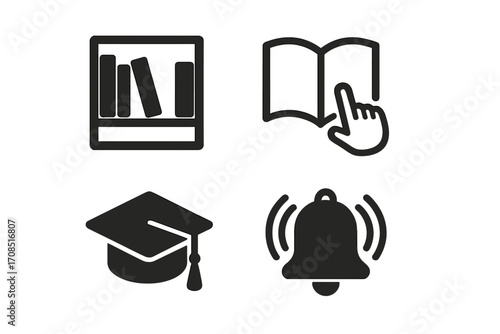 Minimalist library and education icons set with alarm notification symbol, black silhouette vector collection on transparent background, learning and alert concepts, simple design