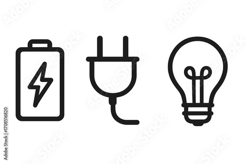 Minimalist vector icons of energy and power symbols including battery with lightning bolt, electrical plug, and light bulb. Clean line art set for technology and electricity design concepts.