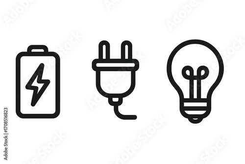 Minimalist energy icons set featuring battery with lightning bolt, electric plug, and light bulb designs, vector cartoon illustration with transparent background, ordered collection